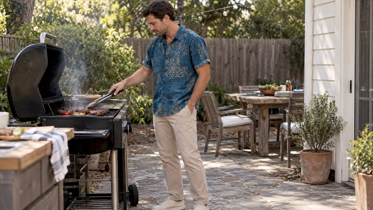 Man wearing blue shirt with chinos