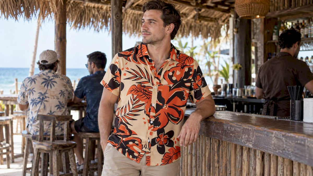 Man wearing a Dan Flashes shirt at a tiki bar