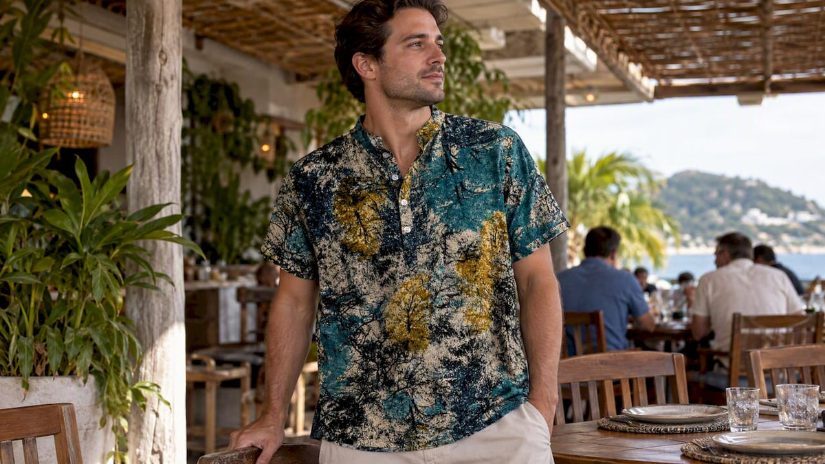Man wearing a Dan Flashes band collar shirt