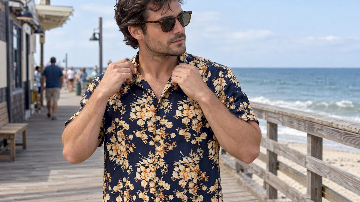 Man checking the fit of a floral camp shirt