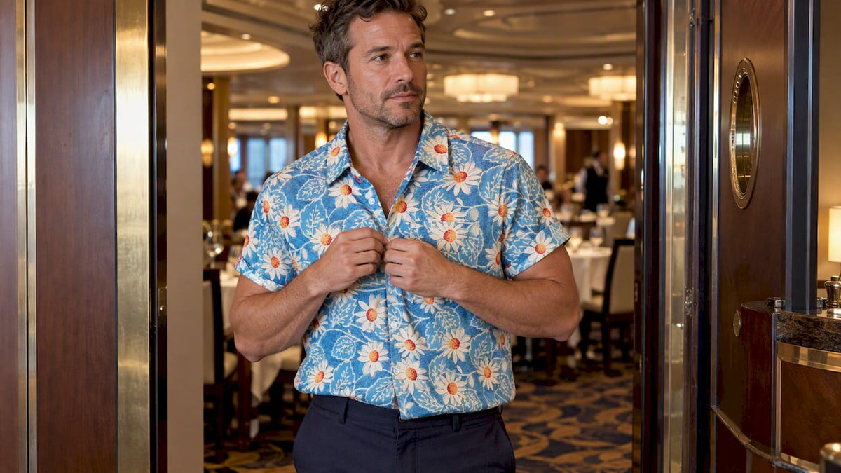 Man wearing blue floral shirt aboard a cruise ship