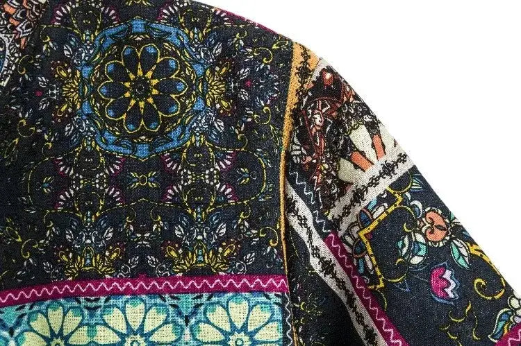 Close-up of a multicolored floral and geometric shirt pattern