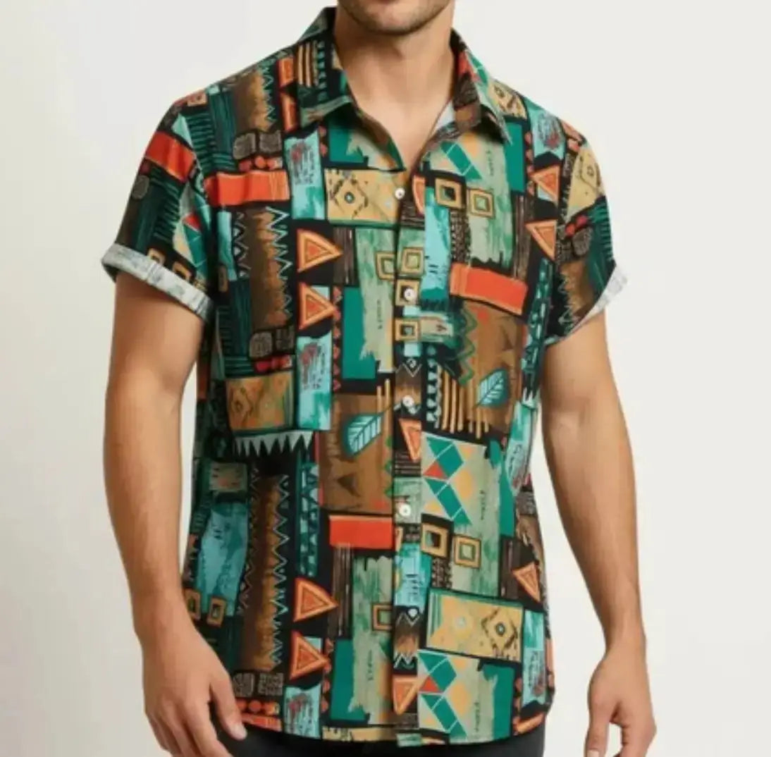 Man wearing a teal, orange and tan geometric panel print shirt