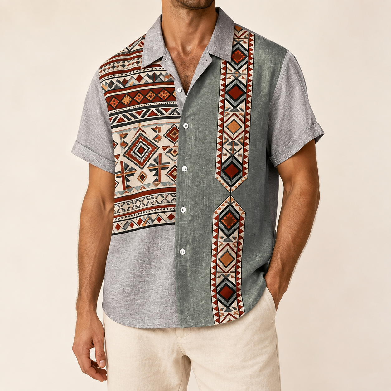 Man wearing a grey and orange Aztec panel shirt - Dan Flashes