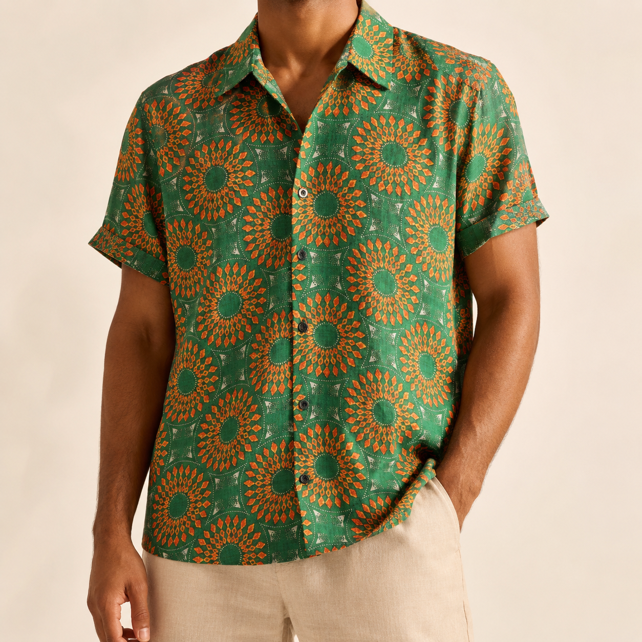 Man wearing a green patterned shirt from the multi-buy collection - Dan Flashes