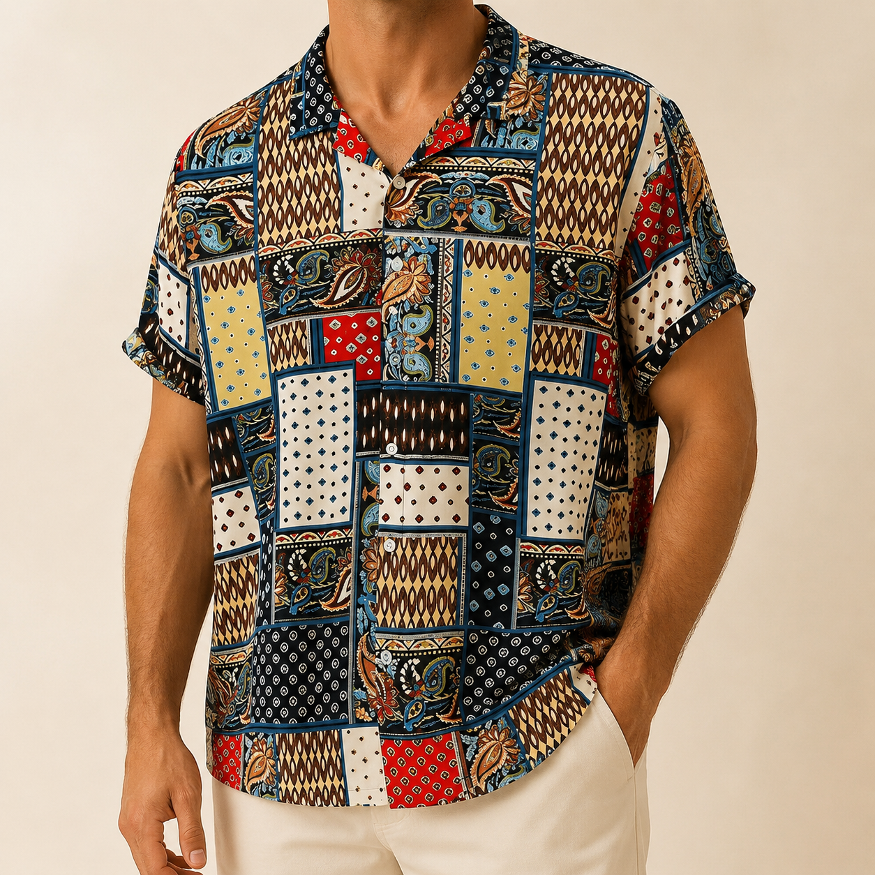 Man wearing a multicolor paisley short sleeve shirt - Dan Flashes