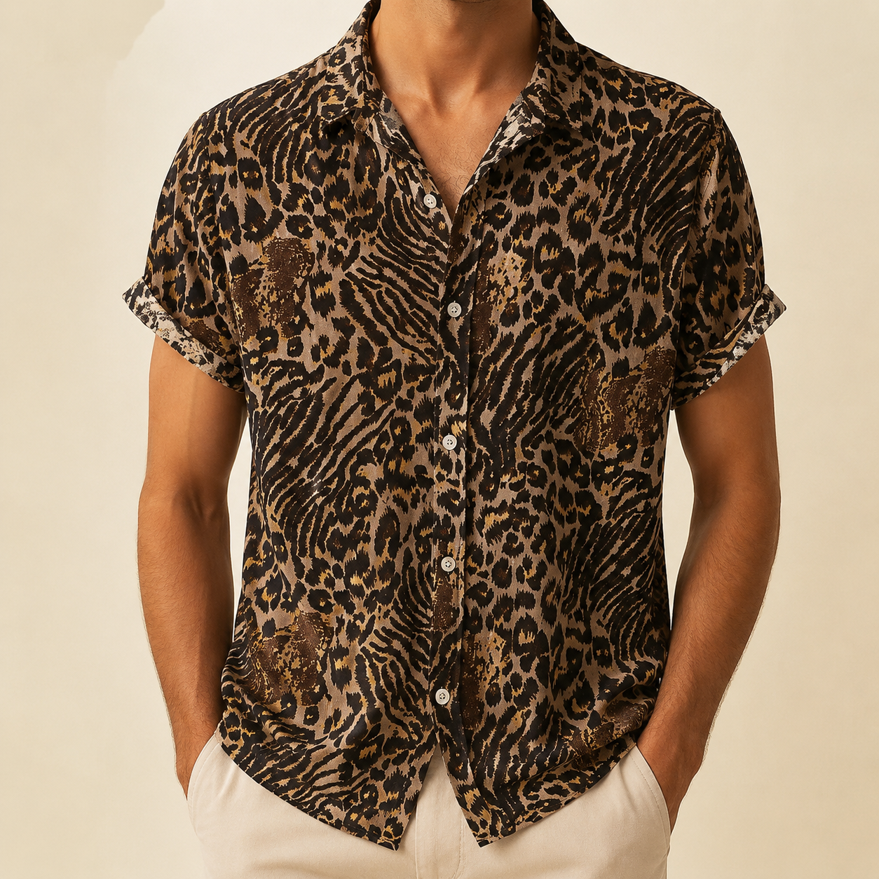 Man wearing an animal print party shirt