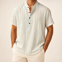 Man wearing a pastel striped band collar shirt - Dan Flashes