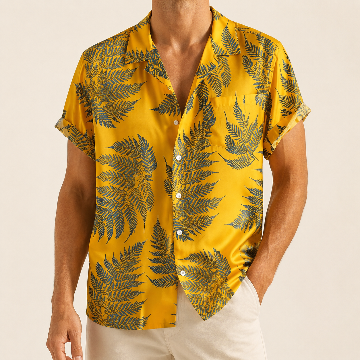 Man wearing a black and white palm print camp collar shirt - Dan Flashes