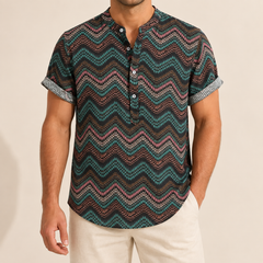 Model wearing a multicolor zigzag short-sleeve band-collar shirt