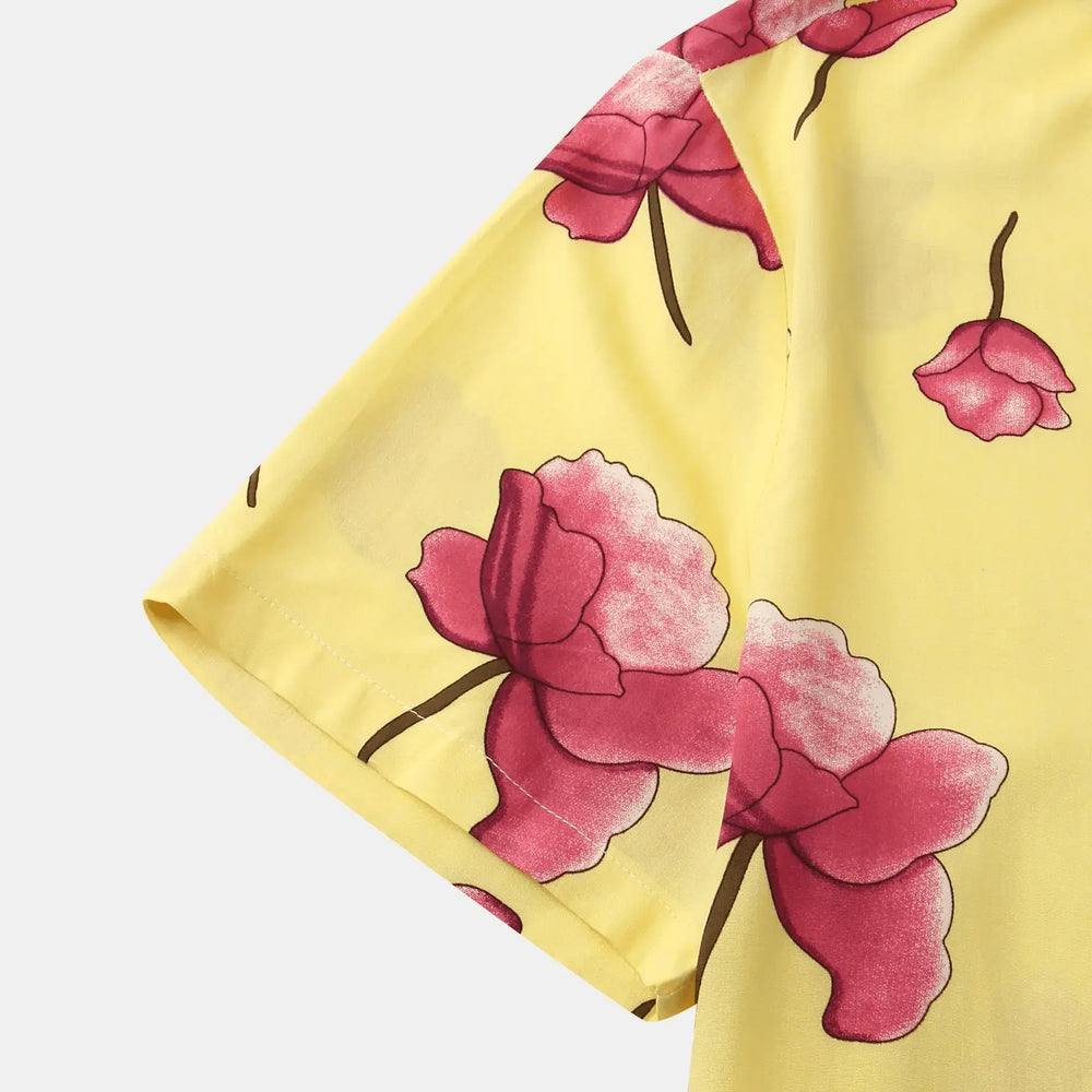 Yellow Rose Print Resort Shirt, sleeve and pattern detail
