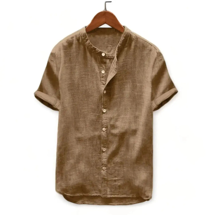 Tan short-sleeve band-collar shirt with a full button front
