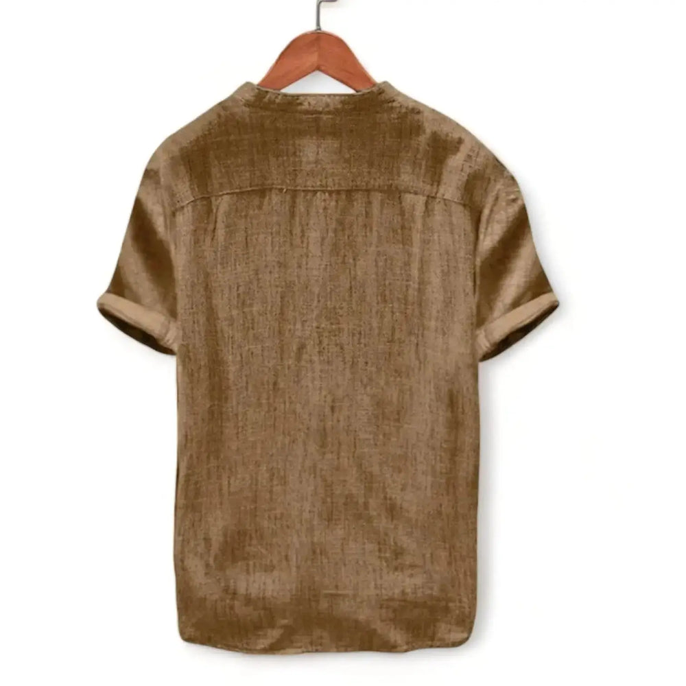 Solid Band Collar Short-Sleeve Shirt, back view