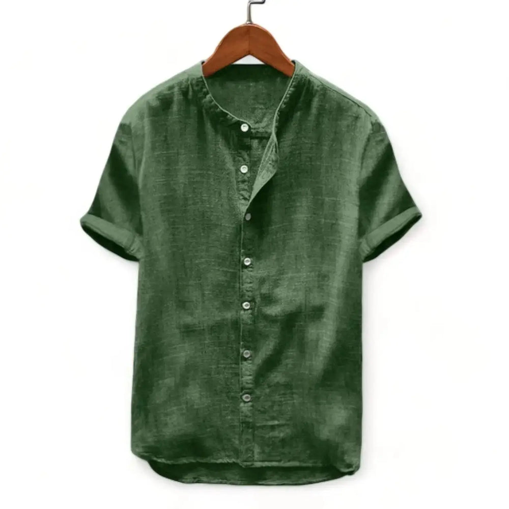 Solid Band Collar Short-Sleeve Shirt, Green option, front view