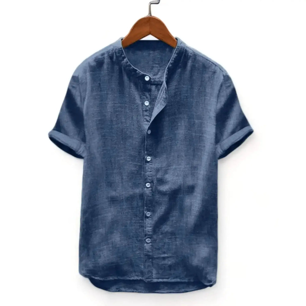 Solid Band Collar Short-Sleeve Shirt, Blue option, front view