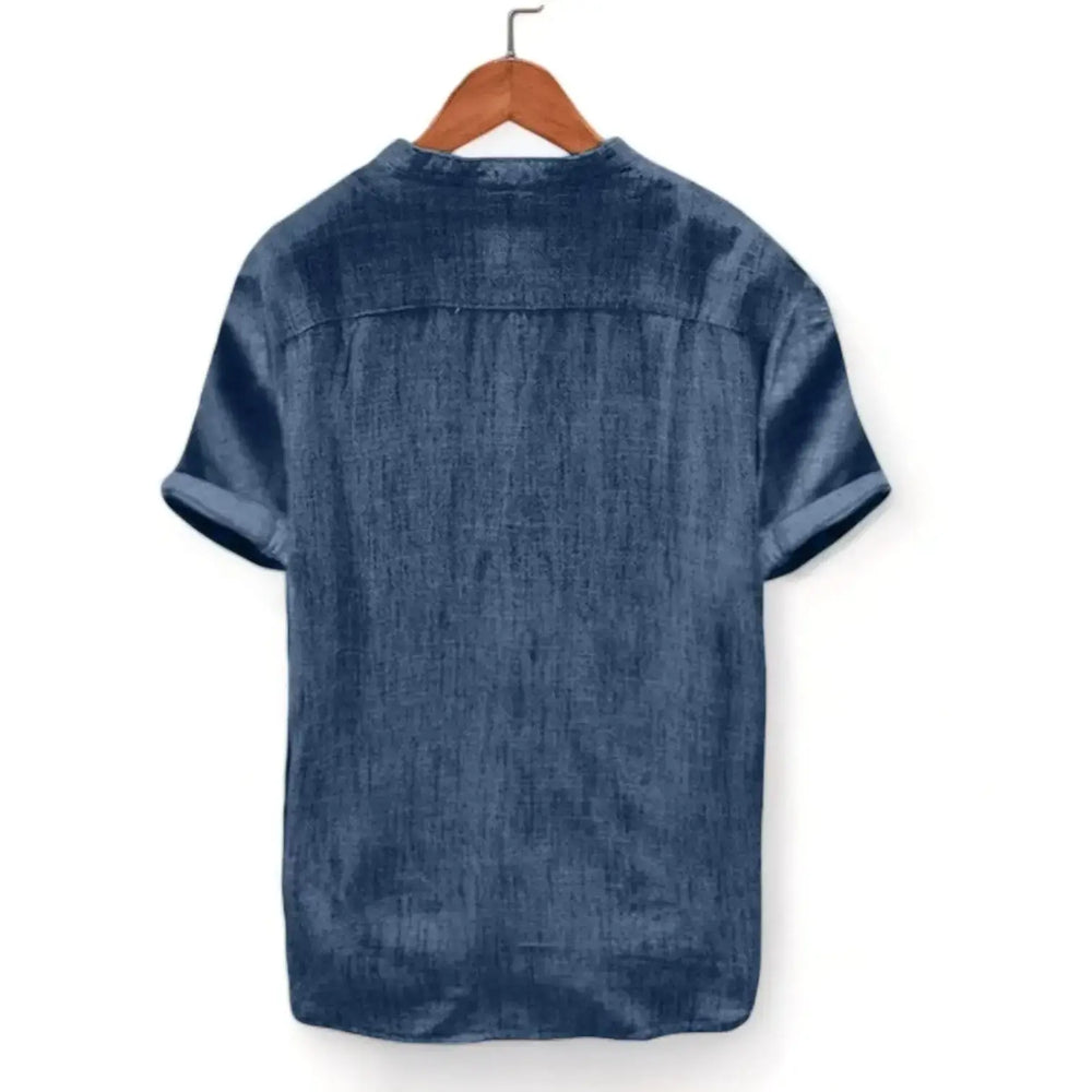 Solid Band Collar Short-Sleeve Shirt, Blue option, back view