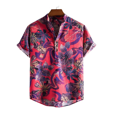 Tropical Beach Band Collar Shirt for men in cotton-linen blend - Dan Flashes