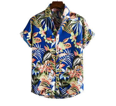 Navy short-sleeve Hawaiian shirt with tropical flowers and long leaves