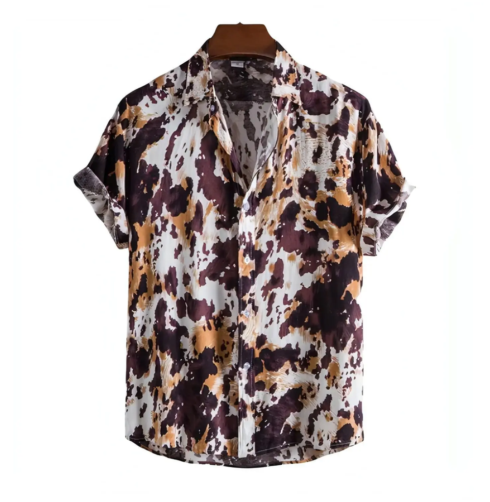 Cream, brown and dark mottled short-sleeve button-up shirt