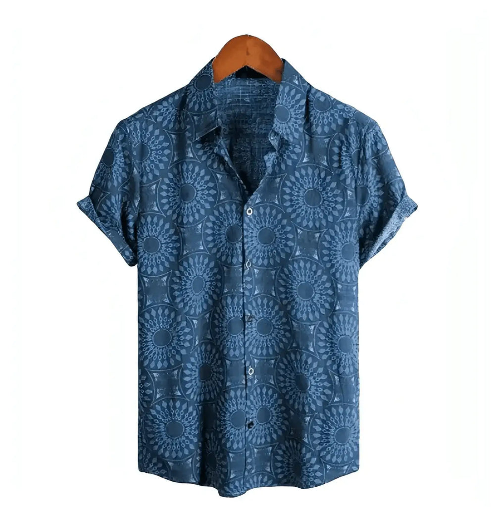 Sunburst Pattern Button-Up Shirt, Blue option, front view