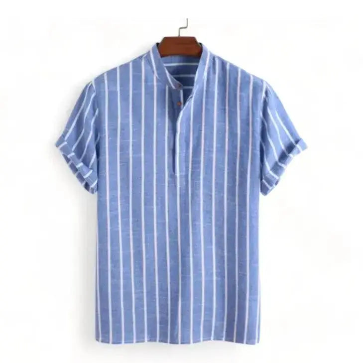 Blue short-sleeve band collar shirt with thin pale vertical stripes