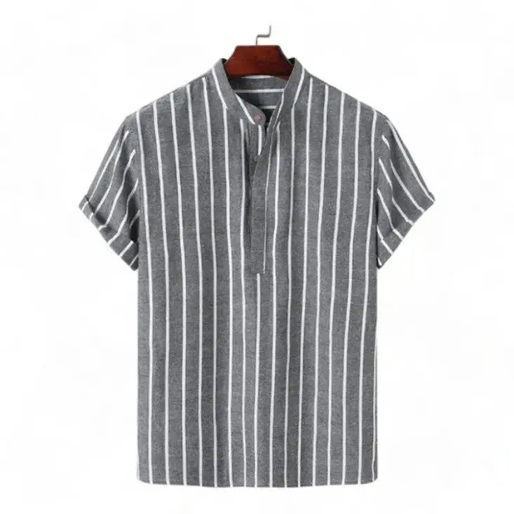 Narrow Stripe Band Collar Shirt, Gray option, front view