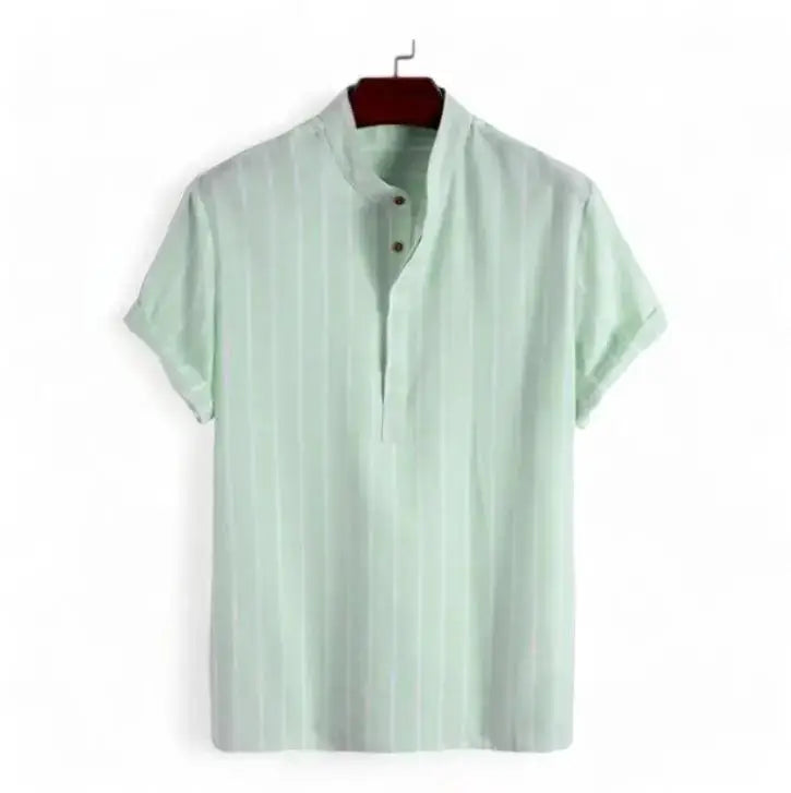 Narrow Stripe Band Collar Shirt, Green option, front view