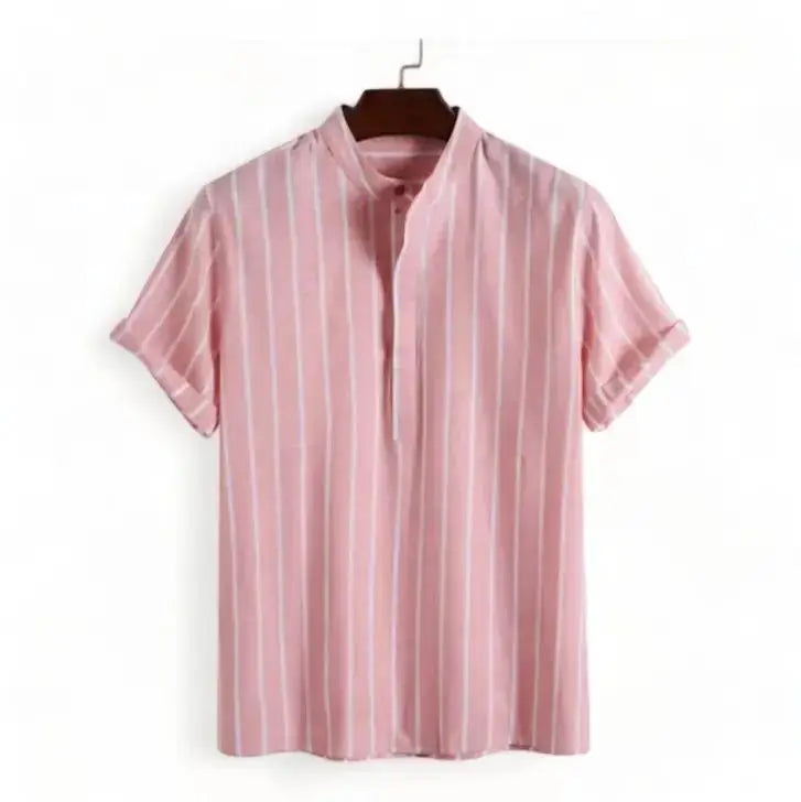 Narrow Stripe Band Collar Shirt, Red option, front view