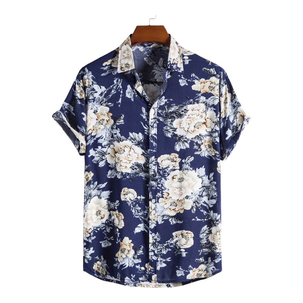 Navy short-sleeve button-up shirt with pale floral clusters
