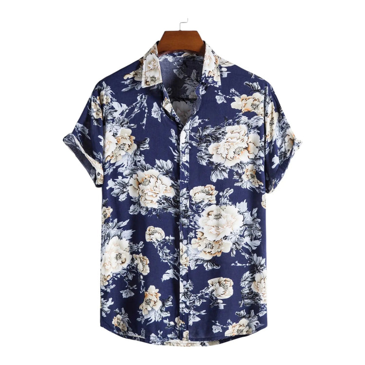 Navy short-sleeve button-up shirt with pale floral clusters