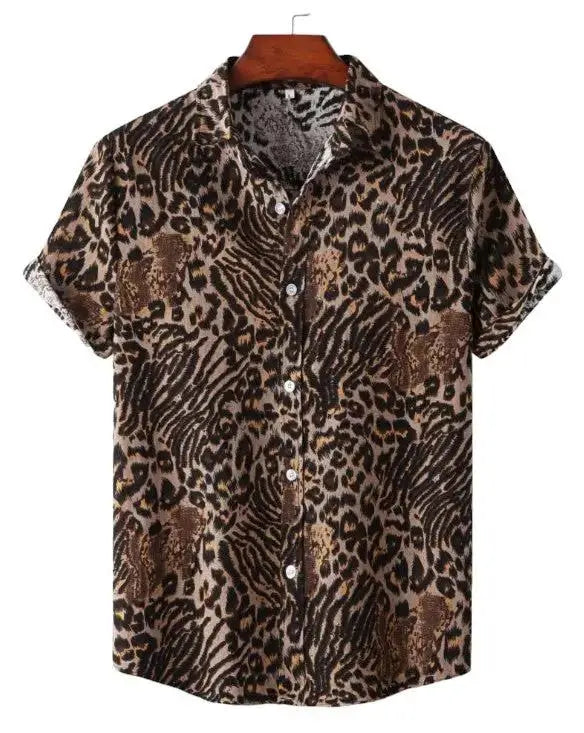 Brown and black spotted animal-print button-up shirt