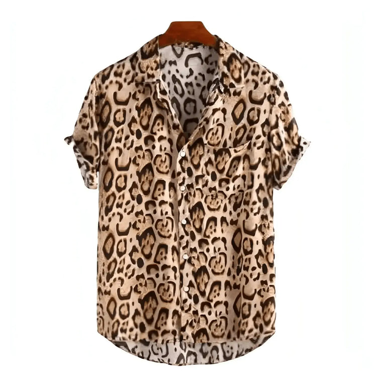 Tan short-sleeve button-up shirt with dark animal spots