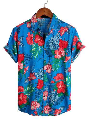 Tropical Blue Cotton Hawaiian Shirt for men in cotton-linen blend - Dan Flashes