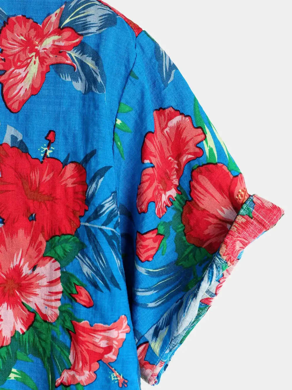 Blue Hibiscus Hawaiian Shirt, sleeve and pattern detail