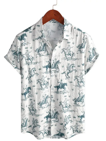 Cowboy Print Button-Up Shirt for men in cotton-linen blend - Dan Flashes