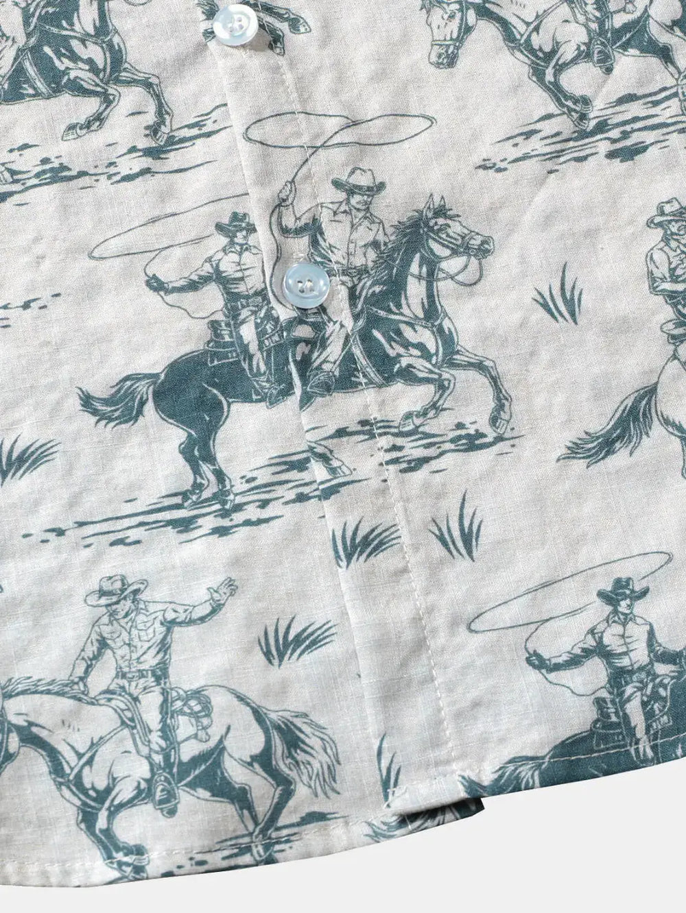 Cowboy Print Button-Up Shirt, hem and pattern detail