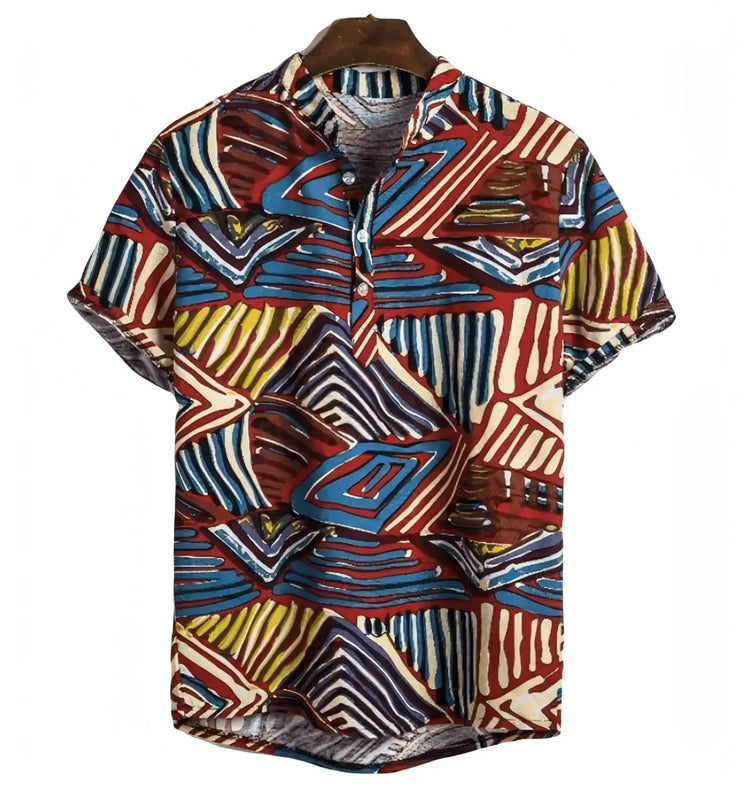Short-sleeve shirt with multicolored angular groups of stripes