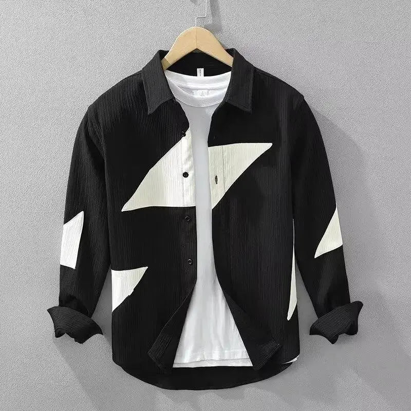 Angular Patchwork Long Sleeve Shirt, Black option, front view