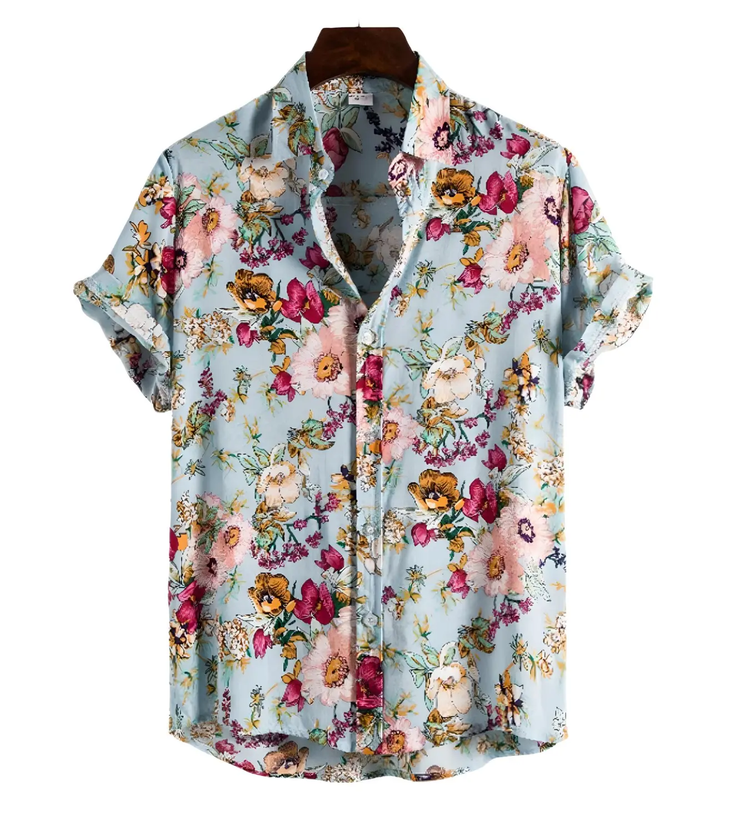 Pale blue short-sleeve shirt with colorful garden flowers