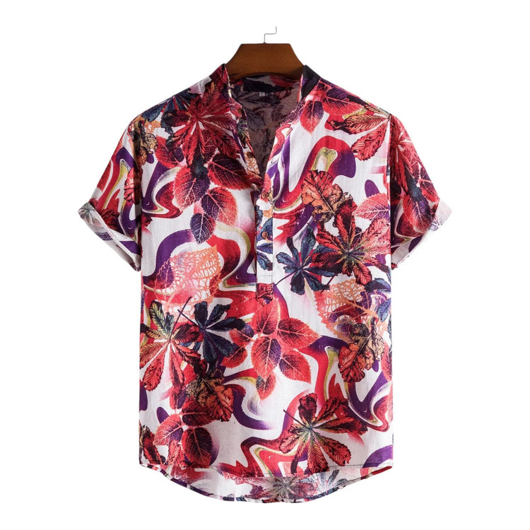 Short-sleeve shirt with overlapping red and dark botanical shapes