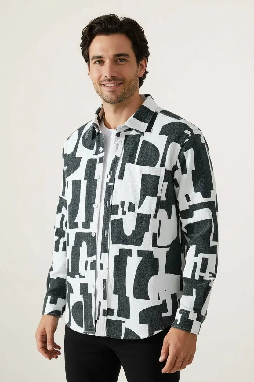 Geometric Contrast Color Printing Stylish Long Sleeve Shirt Dan Flashes