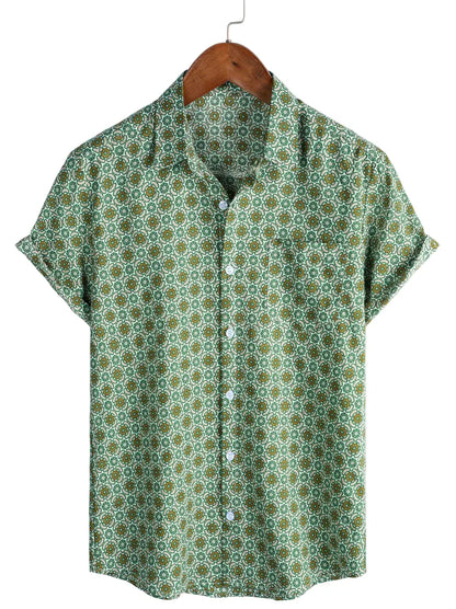 Green Floral Print Lightweight Cotton Short Sleeve Shirt
