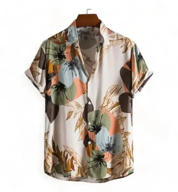 Pale Hawaiian shirt with large muted orange, green and tan botanical shapes