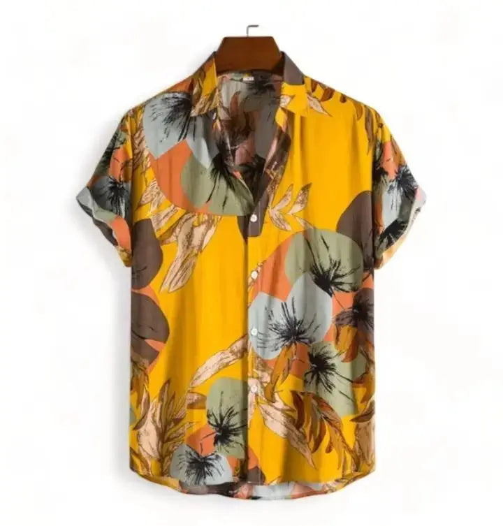 Muted Botanical Hawaiian Shirt, Yellow option, front view