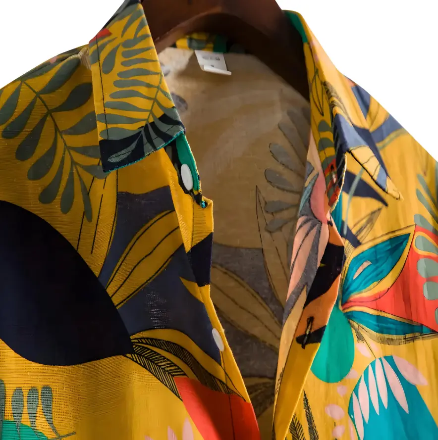 Bold Botanical Beach Shirt, collar detail