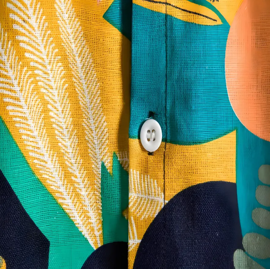 Bold Botanical Beach Shirt, button-front and pattern detail