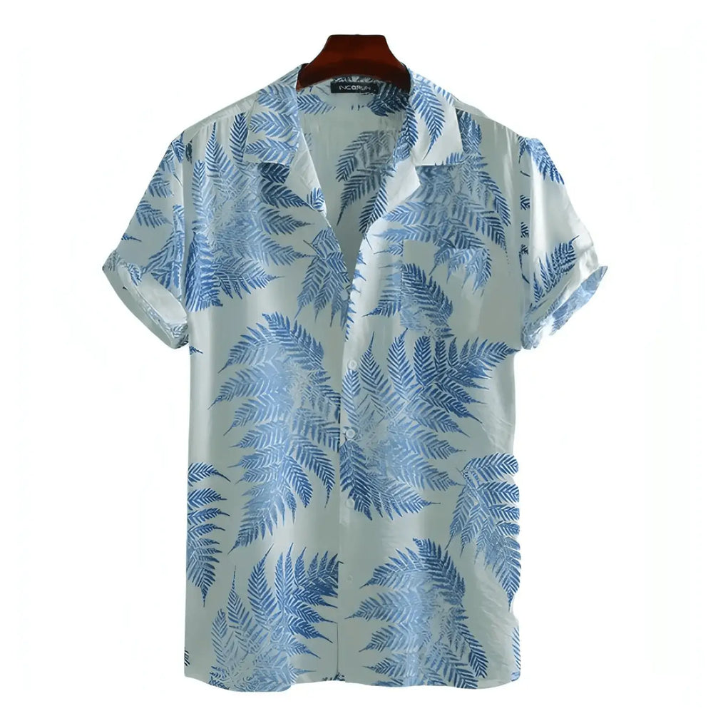 Leaf Print Hawaiian Shirt, Blue option, front view