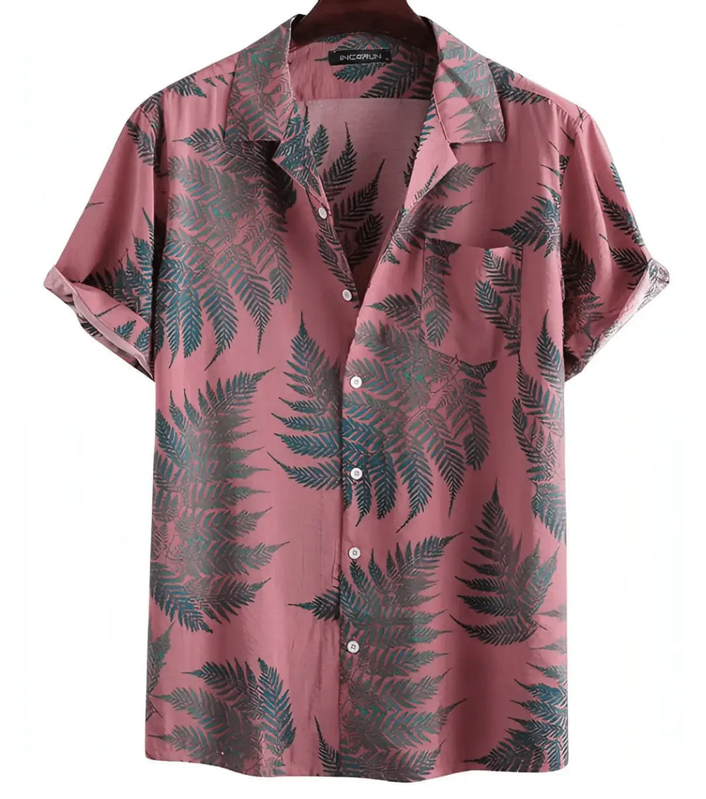 Leaf Print Hawaiian Shirt, Red option, front view
