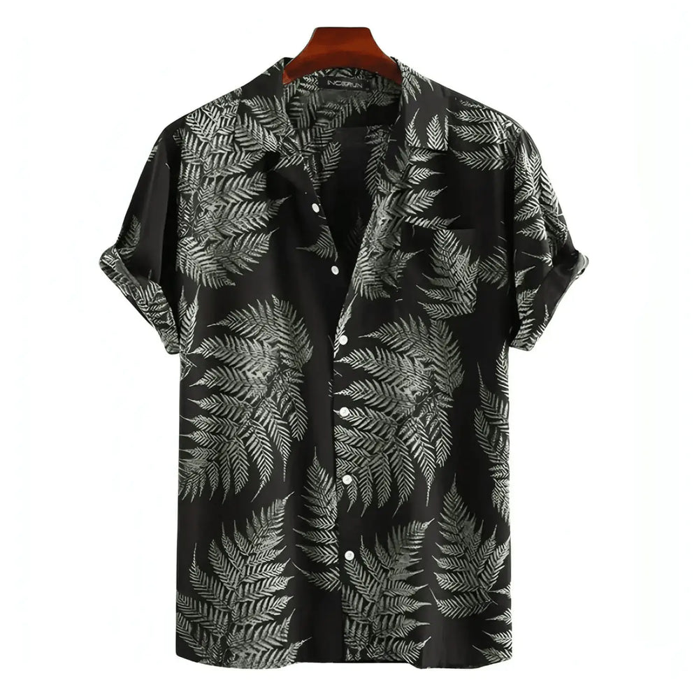 Leaf Print Hawaiian Shirt, Black option, front view