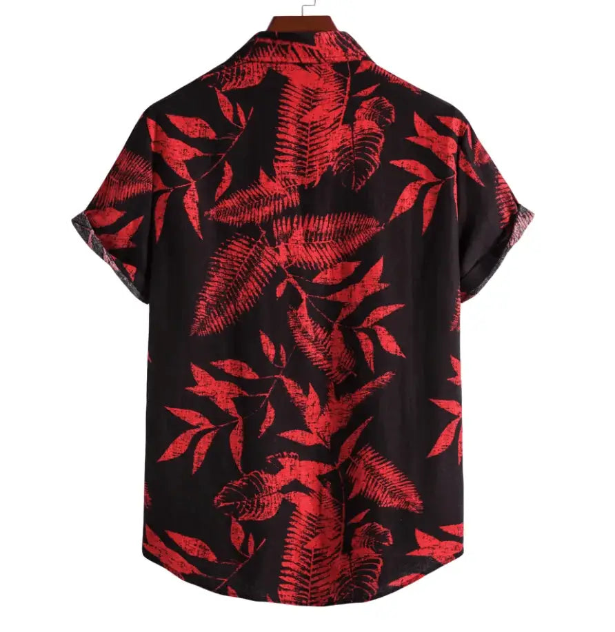Black and Red Leaf Hawaiian Shirt, back view